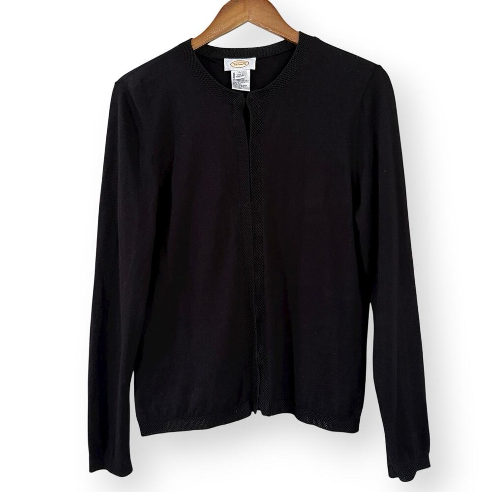 Talbots Black Cardigan L Hook & Eye Closure Career Office Minimalist Staple Vtg